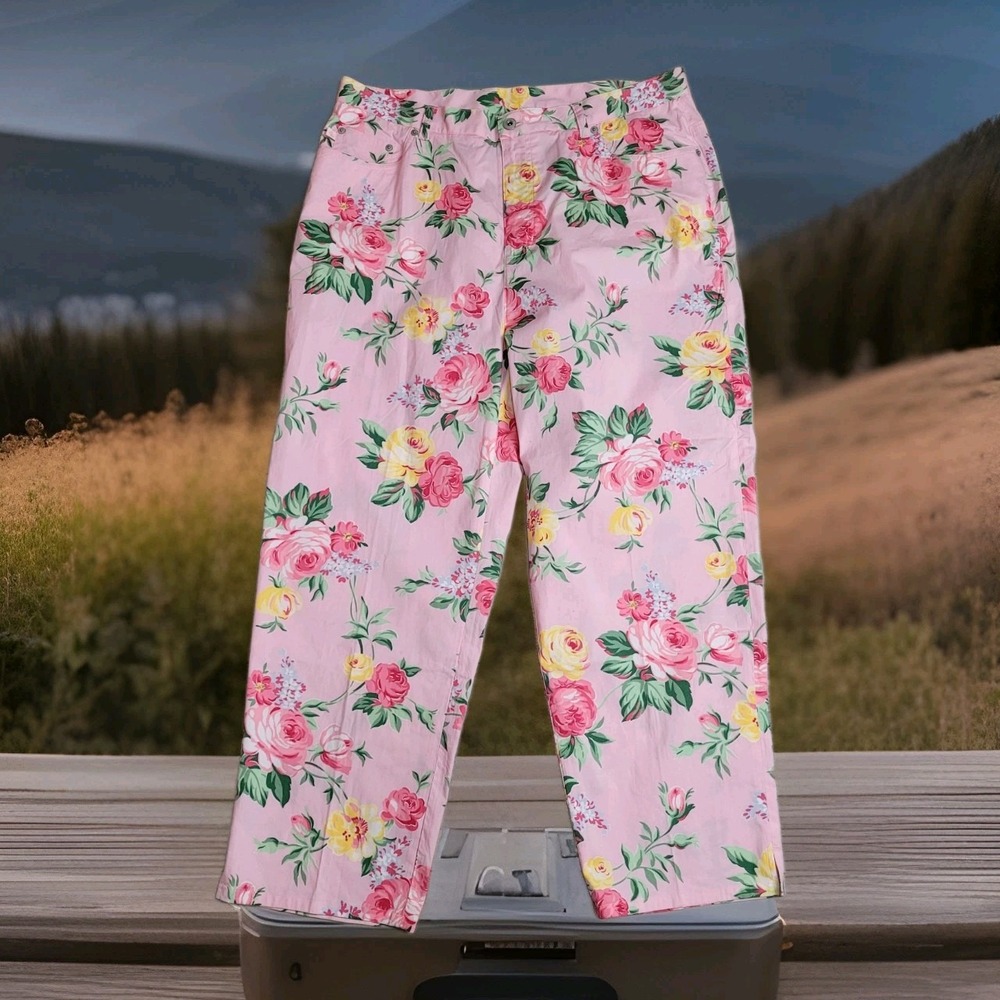 🌸Lauren Ralph Lauren Pants Womens 16W Floral Pink Rose Print Stretch Ankle Y2K